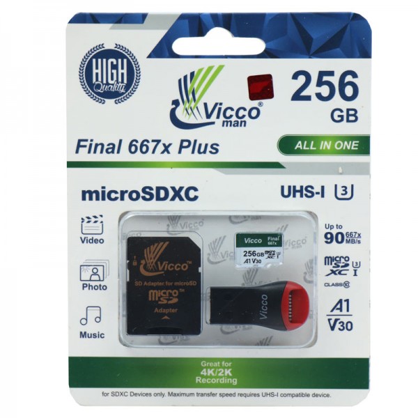 کارت حافظه VICCO 256GB U3 سرعت 90MB/S همراه با آداپتور و رم ریدر